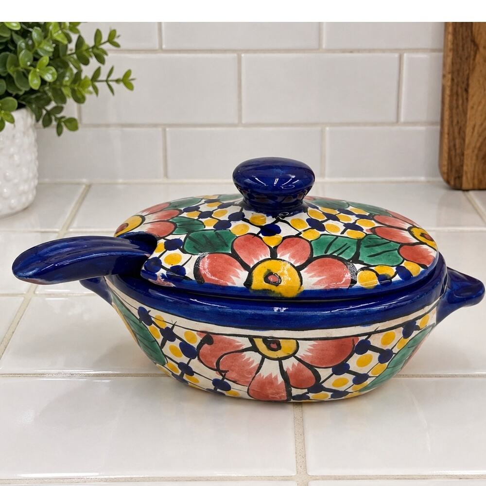 Talavera Mexican Folk Art Pottery Dish with Ladel